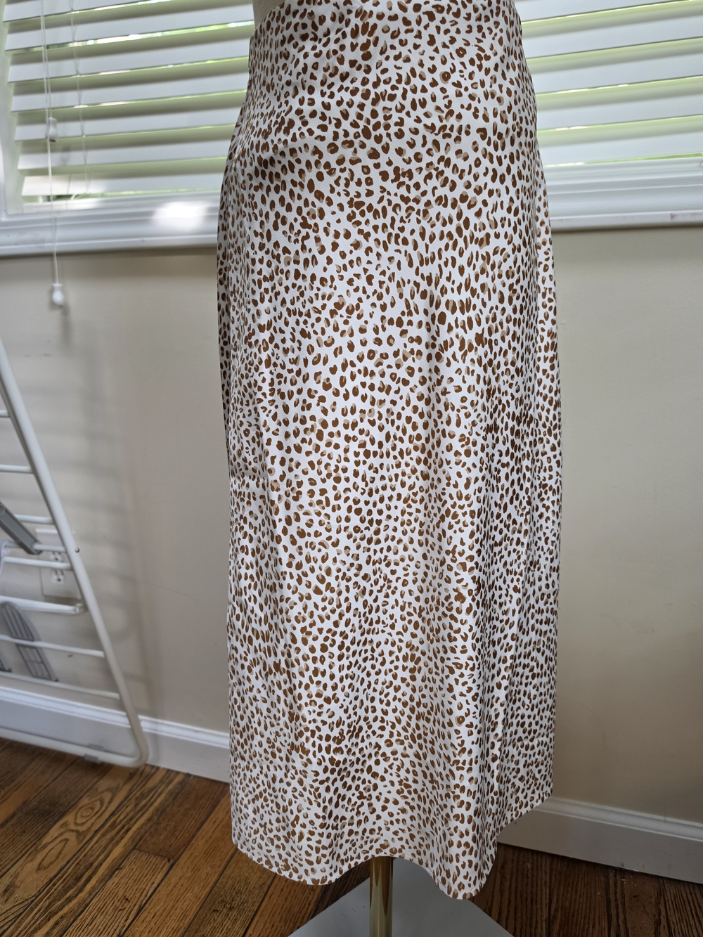 J. Crew Factory New XXS Satin Cream and Brown Leopard-Print A-Line Midi Skirt